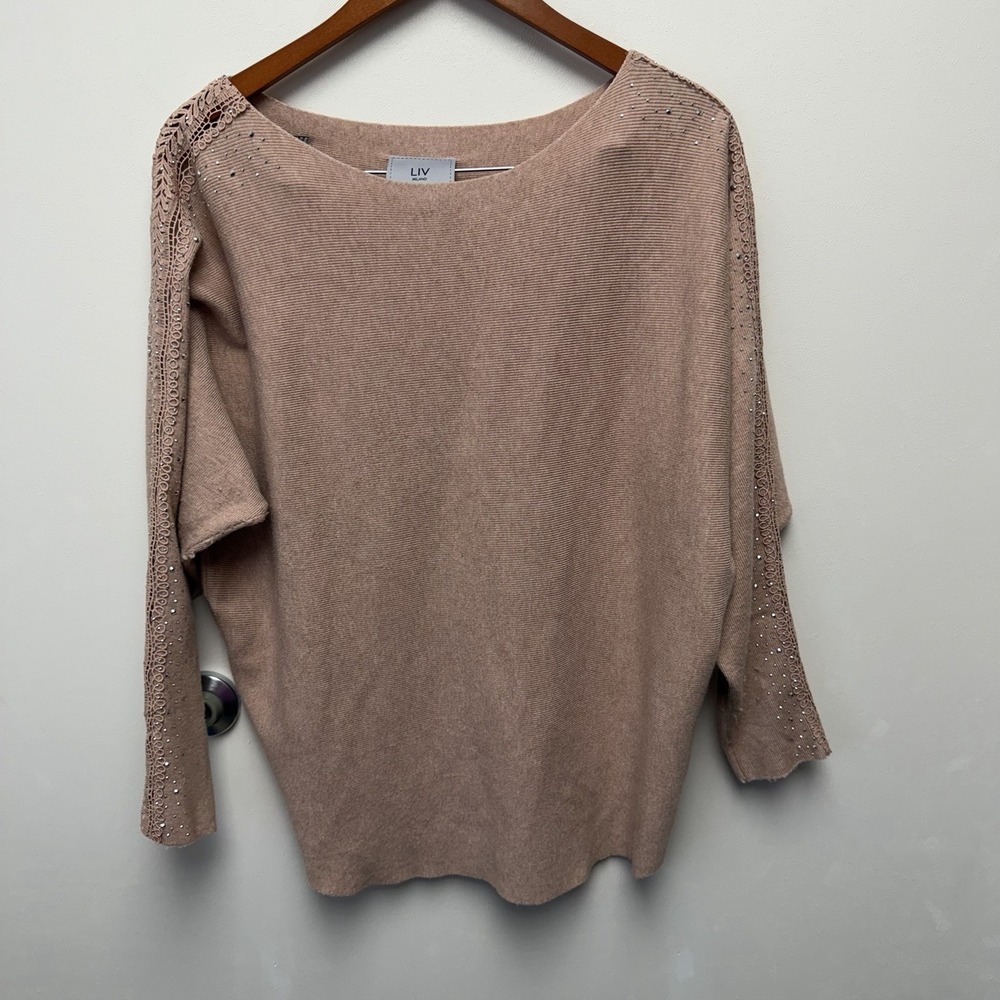LIV Milano Beige Pink Lace Rhinestone Knit Pullover‎ Sweater Women's Size L